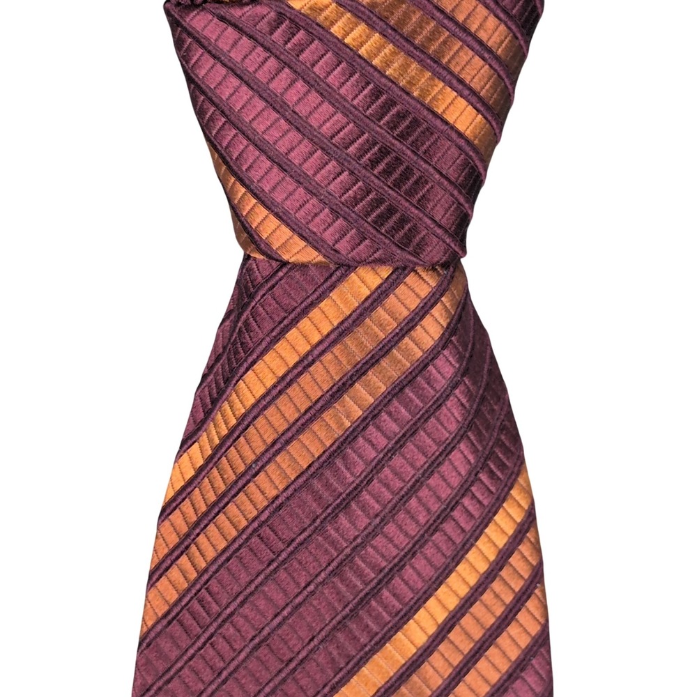 Ermenegildo Zegna Necktie Mens OS Burgundy Orange Striped Silk Made in Italy Lux
